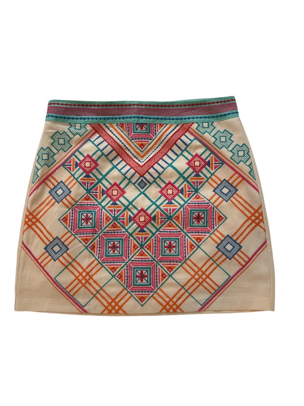 Champagne & Strawberry Embroidered Linen Trim Mini Skirt S